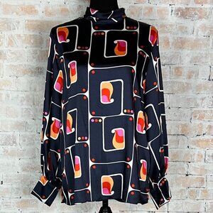 Zara Navy Blue Pink Orange Abstract Retro Print Design Blouse